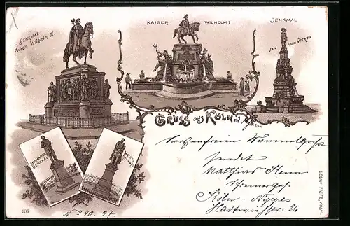 Lithographie Köln, Denkmäler Friedrich Wilhelm II., Kaiser Wilhelm I., Moltke