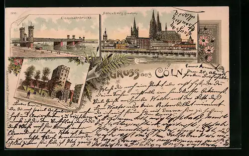 Lithographie Cöln, Eisenbahnbrücke, Ortsansicht von Deutz gesehen
