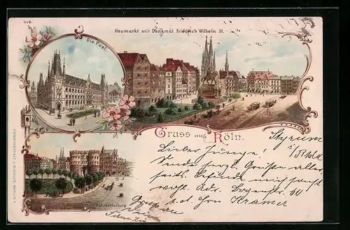 Lithographie Köln, Heumarkt mit Denkmal, Hahnenthorburg mit Strasse