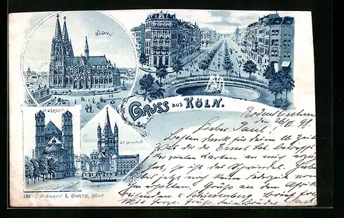 Lithographie Köln, Dom, Strassenpartie aus der Vogelschau