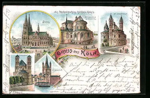 Lithographie Köln, Dom, St. Gereon, St. Aposteln