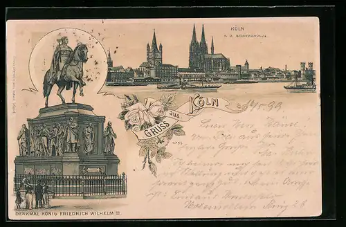 Lithographie Köln, Ortsansicht von der Schiffbrücke, Denkmal Friedrich Wilhelm III.