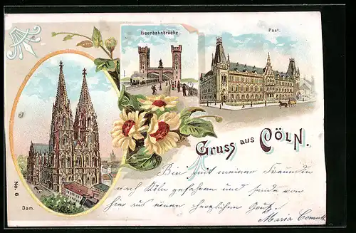 Lithographie Cöln, Post, Eisenbahnbrücke, Dom aus der Vogelschau