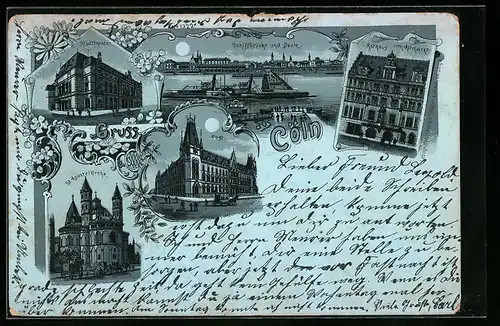 Mondschein-Lithographie Cöln, Schiffbrücke und Deutz, Post, Stadttheater