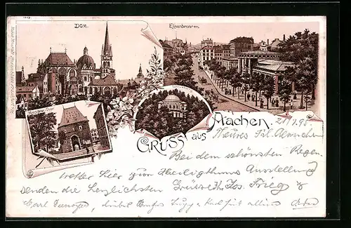 Vorläufer-Lithographie Aachen, 1895, Elisenbrunnen aus der Vogelschau, Dom, Marschier-Thor
