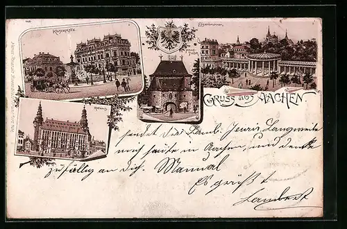 Lithographie Aachen, Elisenbrunnen aus der Vogelschau, Kaiserplatz, Pont-Thor