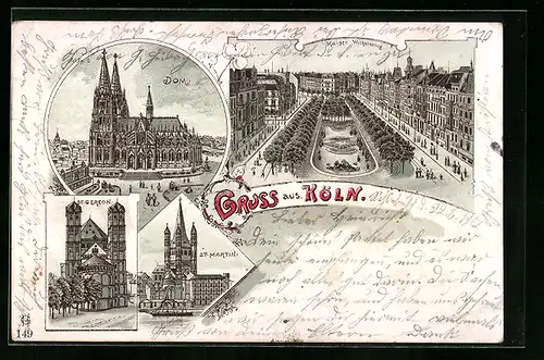 Lithographie Köln, Kaiser Wilhelmring aus der Vogelschau, Dom aus der Vogelschau