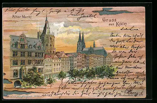 Lithographie Köln, Alter Markt mit Kirche