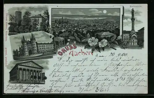 Mondschein-Lithographie Aachen, Ortsansicht, Mariensäule, Kaserne