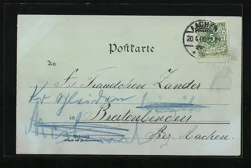 Mondschein-Lithographie Aachen, Ortsansicht, Mariensäule, Kaserne