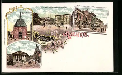 Lithographie Aachen, Marschierthor, Theater, Komphausbadstrasse