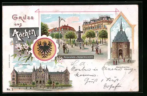 Lithographie Aachen, Kaiserplatz und Kaiserbrunnen, Justizgebäude, Wappen