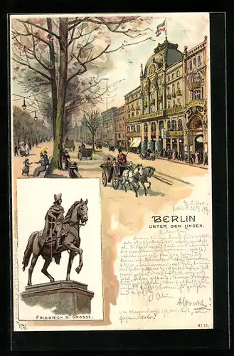 Lithographie Berlin, Unter den Linden mit Hotel und Pferdewägen, Denkmal Friedrich d. Grosse