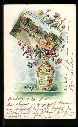 Lithographie Berlin-Tiergarten, Potsdamer Platz mit Strassenbahn, Blumen in einer Vase