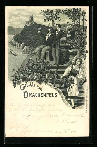 Lithographie Drachenfels, Weintrinker mit Blick ins Tal und Dampfer