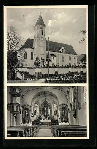 AK Scherstetten /Schwb., Kath. Pfarrkirche, Aussen- und Innenansicht