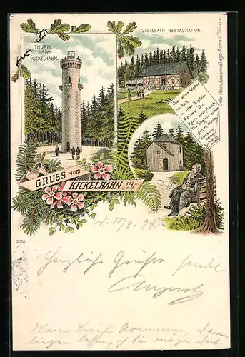 Lithographie Kickelhahn, Thurm, Gabelbach Restauration