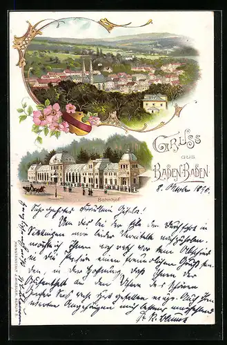 Lithographie Baden-Baden, Ortsansicht und Bahnhof