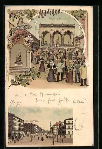 Lithographie München, Feldherrnhalle und Ludwigstrasse