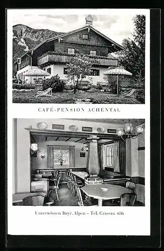 AK Unterwössen /Bayr. Alpen, Café-Pension Achental, Aussen- und Innenansicht