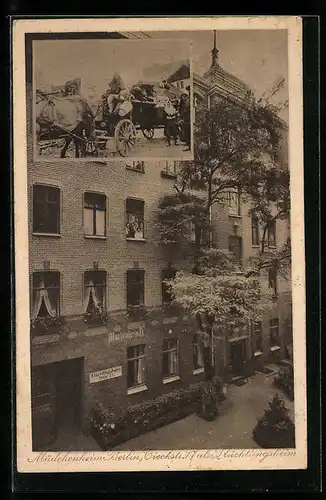 AK Berlin, Mädchenheim, Tieckstrasse 17 als Flüchtlingsheim, Pferdewagen