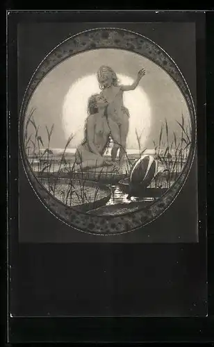 Künstler-AK Fidus: Vom Himmel, Mutter und Sohn nackt auf Seerosenblättern