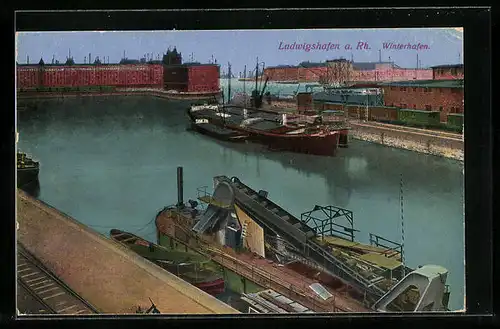 AK Ludwigshafen a. Rh., Winterhafen mit Schiffen