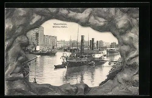 AK Mannheim, Mühlau-Hafen mit Dampfer Mannheim
