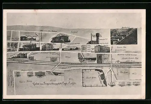 AK Lager Lechfeld, Barackenlager aus der Vogelschau, Lageplan der Ortschaft mit Gebäuden