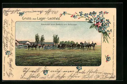 Lithographie Lager Lechfeld, Ausrücken einer Batterie zum Schiessen