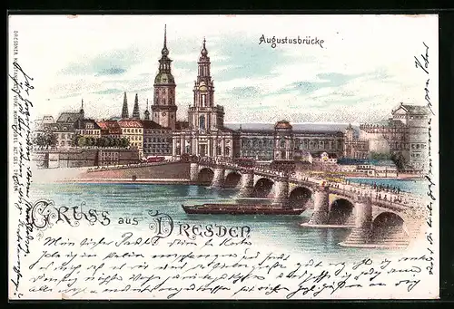 Lithographie Dresden, Ortsansicht mit Augustusbrücke