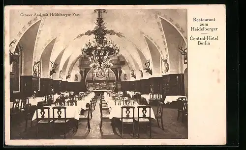 AK Berlin, Central-Hotel, Restaurant zum Heidelberger, Grosser Saal mit Heidelberger Fass
