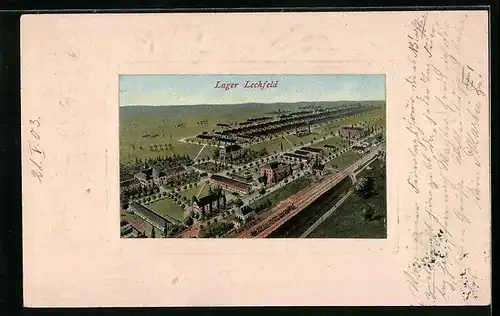 Präge-AK Lechfeld /Truppenlager, Gesamtansicht aus der Vogelschau