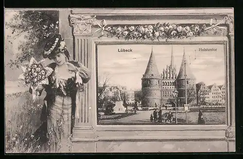 AK Lübeck, Holstentor, Dame mit Blumenstrauss