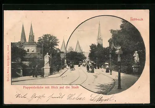 AK Lübeck, Puppenbrücke mit Blick auf die Stadt