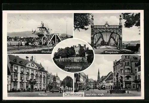 AK Offenburg, Rathaus, Schloss Ortenburg, Strandbad, Kinzigbrücke