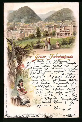 Lithographie Friedrichroda, Ortsansicht mit Frau in Tracht