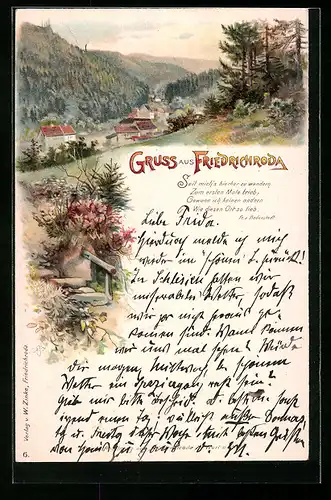 Lithographie Friedrichroda, Ortsansicht aus der Vogelschau