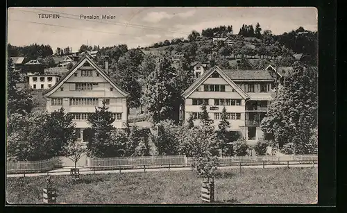 AK Teufen, Teilansicht mit Strasse und Pension Meier aus der Vogelschau