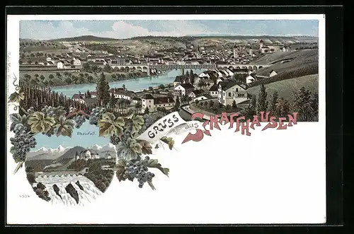 Lithographie Schaffhausen, Teilansicht mit Brücke, Rheinfall