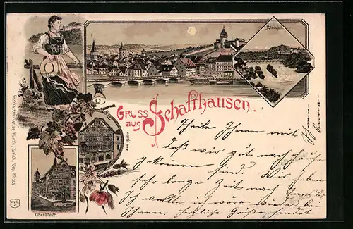 Lithographie Schaffhausen, Gasthaus zum Ritter, Oberstadt, Rheinfall