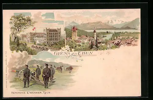 Lithographie Thun, Hotel, Soldaten mit Kanone, Teilansicht