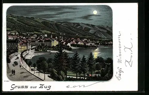 Lithographie Zug, Uferpartie im Mondschein