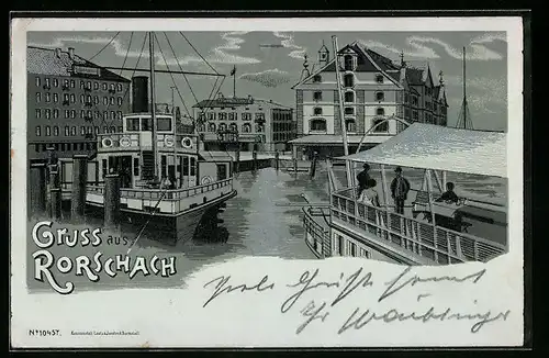 Mondschein-Lithographie Rorschach, Hotel Hirschen mit Booten