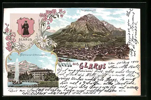 Lithographie Glarus, Hotel Glarnerhof & Volksgarten, Gesamtansicht, Waffen