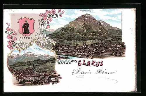 Lithographie Glarus, Gesamtansicht, Teilansicht, Wappen