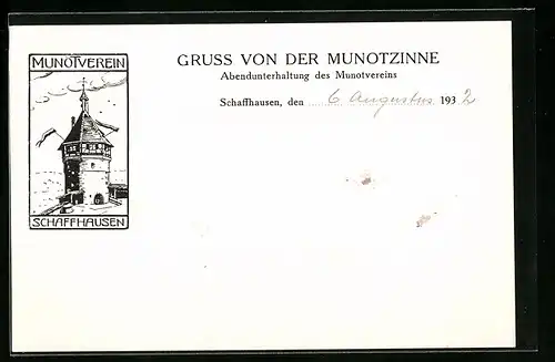 Künstler-AK Schaffhausen, Gasthaus Munotzinne, Munotverein