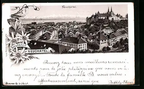 Lithographie Neuchâtel, Teilansicht mit Strassenpartie