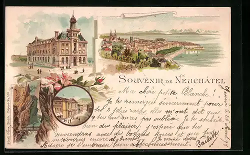 Lithographie Neuchâtel, Gebäudeansicht, Strassenpartie, Brücke