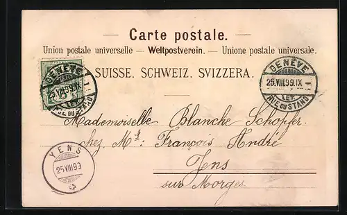 Lithographie Neuchâtel, Gebäudeansicht, Strassenpartie, Brücke